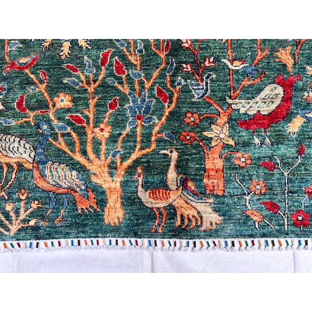 Green Afghan Pictorial Peacock & Bird Garden Hand-Knotted Wool Rug - 9'11" X 6'6" For Sale - Image 9 of 12