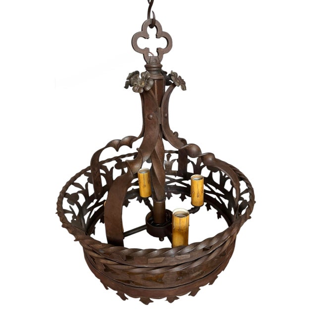 Metal Rare Antique Cast and Forged Bronzed Iron Chandelier With Flowers For Sale - Image 7 of 7