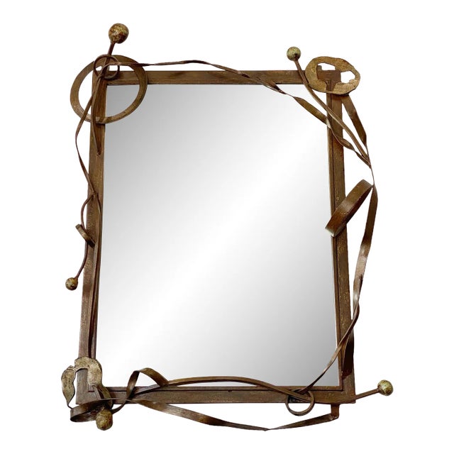 Brutalist Hand Foraged Steel Mirror For Sale