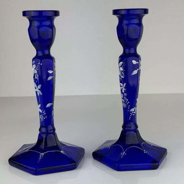 Fenton Art Glass Company Vintage Fenton Glass Cobalt Blue White Hand Painted Flowers Candle Sticks Signed-Set of 2 For Sale - Image 4 of 6