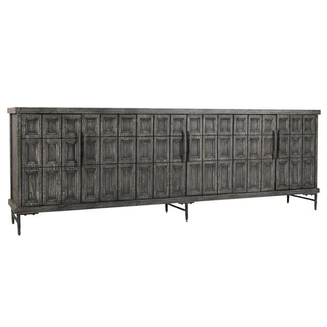 Large reclaimed pine wood sideboard with six doors. Beautiful slate washed finish with wrought iron base and door pulls....