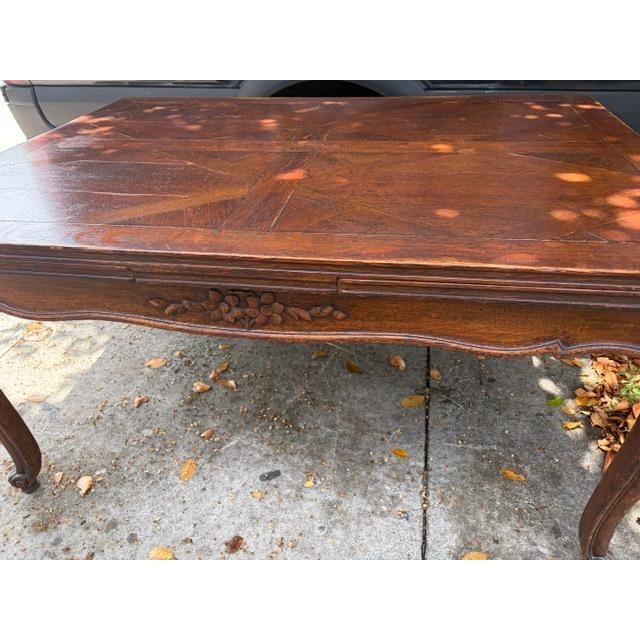 Wood Large Antique French Provincial Louis XV–Style Oak Drawer-Leaf Dining Table 106 L For Sale - Image 7 of 8