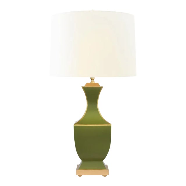Matthew Izzo Home - Gina Olive Hand-Painted Tole Table Lamp With Cream Silk Shade and Gold Trim For Sale