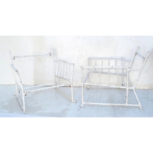 Maison Jansen Large French Maison Jansen Steel Faux Bamboo Lounge Chairs Distressed Look Pair For Sale - Image 4 of 13