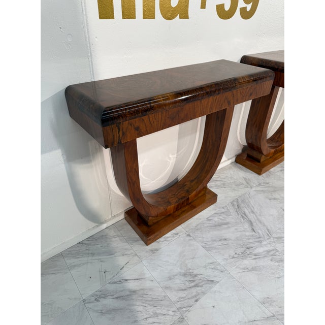 1960s Set of 2 Art Deco Style Console Tables in Bookmatched Burl Wood For Sale - Image 12 of 13
