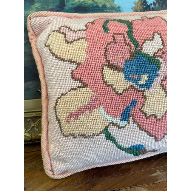 1970s Handmade Needlepoint Floral Pillow With Pink Corduroy Backing - Accent Cushion, Made in Seattle For Sale - Image 5 of 9