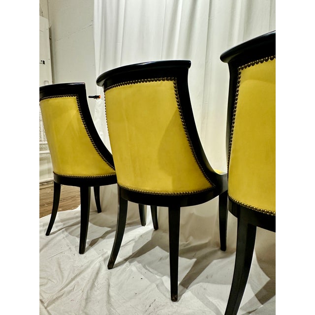 Wood Late 20th Century Empire-Style Ebonized Black Lacquer & Yellow Leather Gondola Dining Chairs For Sale - Image 7 of 8