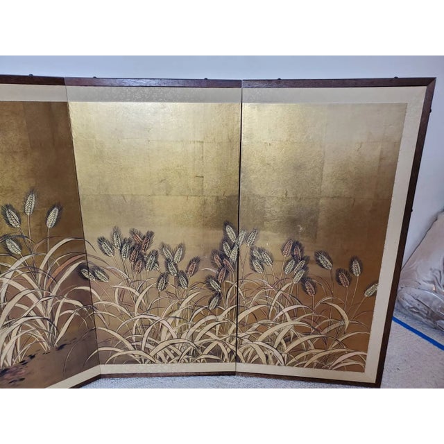 Gold Vintage Japanese Byobu 4-Panel Gold Leaf Folding Screen Hand Painted Wheat Field Signed For Sale - Image 8 of 15