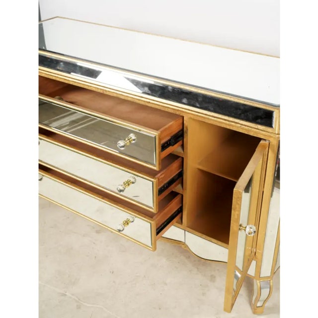 Late 20th Century Late 20th Century Hollywood Regency Giltwood and Mirrored Glass Sideboard With Crystal Knobs For Sale - Image 5 of 8