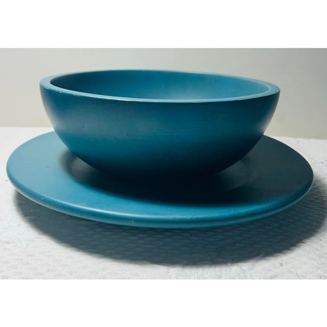 Wood Vintage Pair of Ralph Lauren Wooden Serving Bowls With Under Liners in Blue - 4 pcs For Sale - Image 7 of 12
