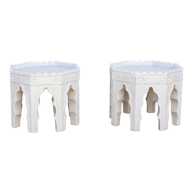 Pair of Carved White Marble End Tables For Sale