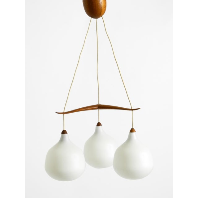 Mid-Century Modern Pendant Lamp with Three Opal Glass Shades and Teak Frame by Uno & Östen Kristiansson for Luxus Vittsjö, Sweden, 1957 For Sale - Image 3 of 17