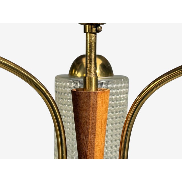 1950s Swedish Modern, Small Pendant Light, Brass, Teak, Textured Glass, Sweden For Sale - Image 9 of 12