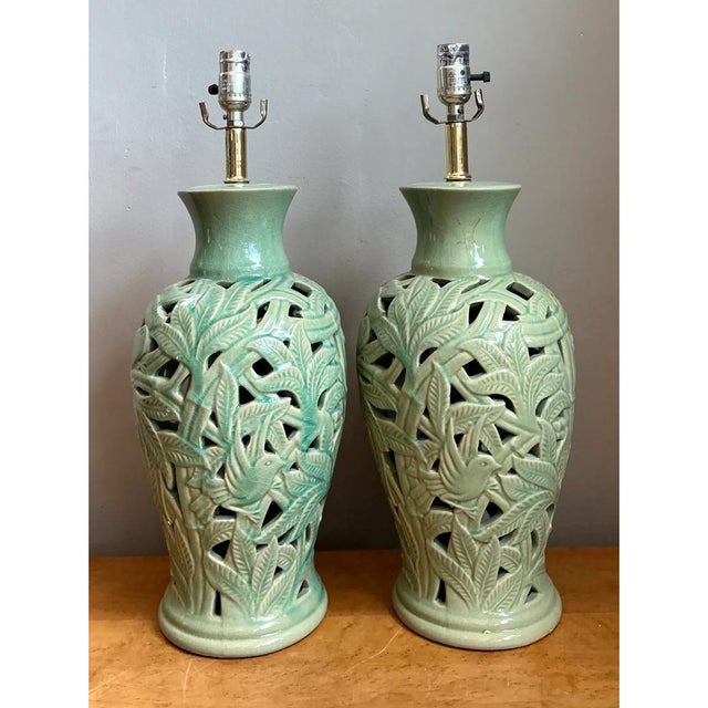 Vintage Celadon Pierced Ceramic Lamps - a pair For Sale - Image 11 of 12