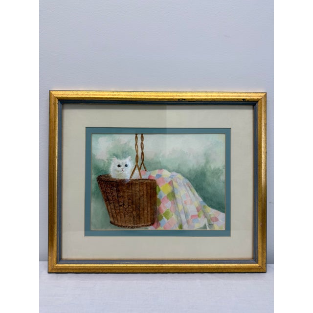 1980s Watercolor Painting of a White Cat in a Basket, "Hide and Seek" Signed by Nedra Wood For Sale - Image 11 of 11