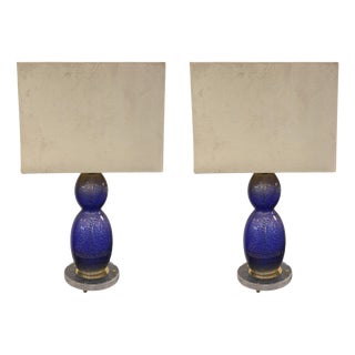 Blue and Silver Murano Glass Lamps, 1970s, Set of 2 For Sale