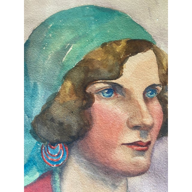 Vintage Water Color Portrait Painting of a Bohemian Woman on Paper Framed, Artist Signed 1929 For Sale - Image 4 of 7