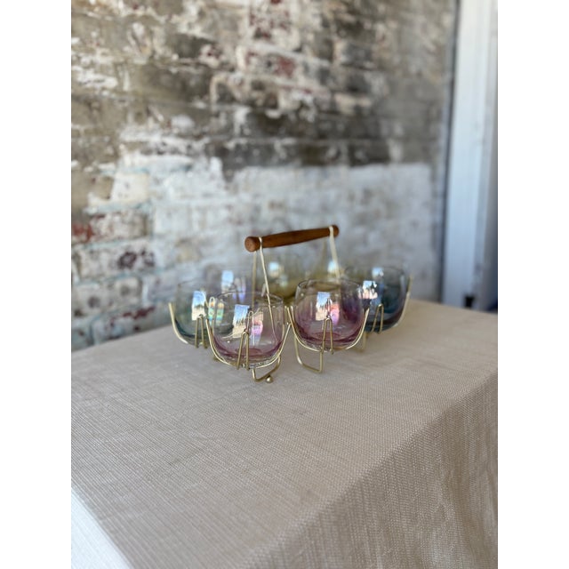 Mid-Century Modern Iridescent Roly Poly Glasses With Gold Caddy – Set of 8 For Sale - Image 3 of 8