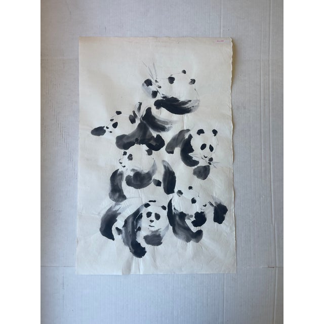 Chinese Vintage Chinese-Style Ink Painting of Pandas on Rice Paper, Signed j.r Gaston. For Sale - Image 3 of 9