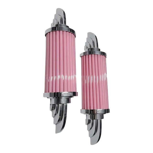 Vintage Skyscraper Art Deco Light Old Lamp Wall Sconces Fixture Nickel Brass & Pink Glass Rod Ship Light - Pair For Sale