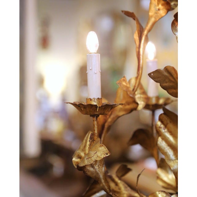 Mid-Century Italian Gilt Tole Six-Light Floral Chandelier For Sale - Image 9 of 11