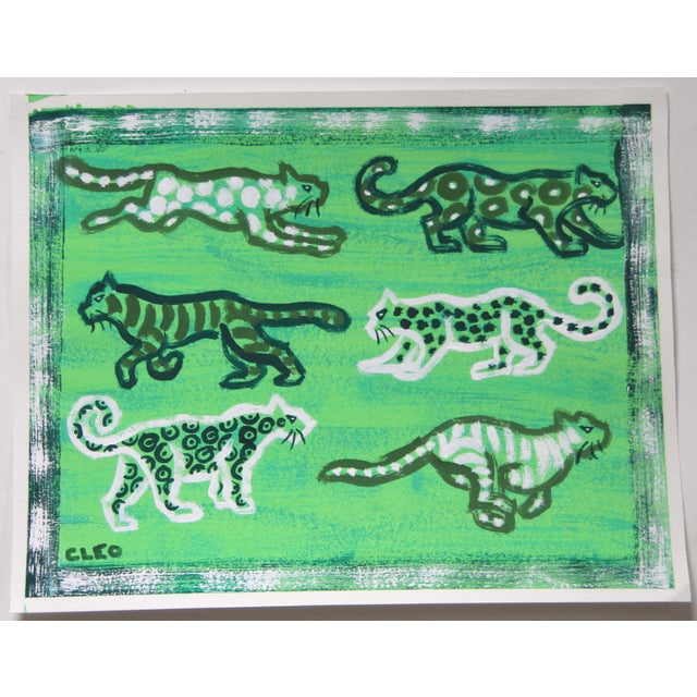 Painting of Tigers and Leopards in motion, shades of green and white on a textured background. Contemporary animal safari...