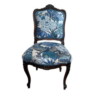 Antique English Side Chair Freshly Upholstered in Schumacher Chiang Mai Dragon in China Blue For Sale