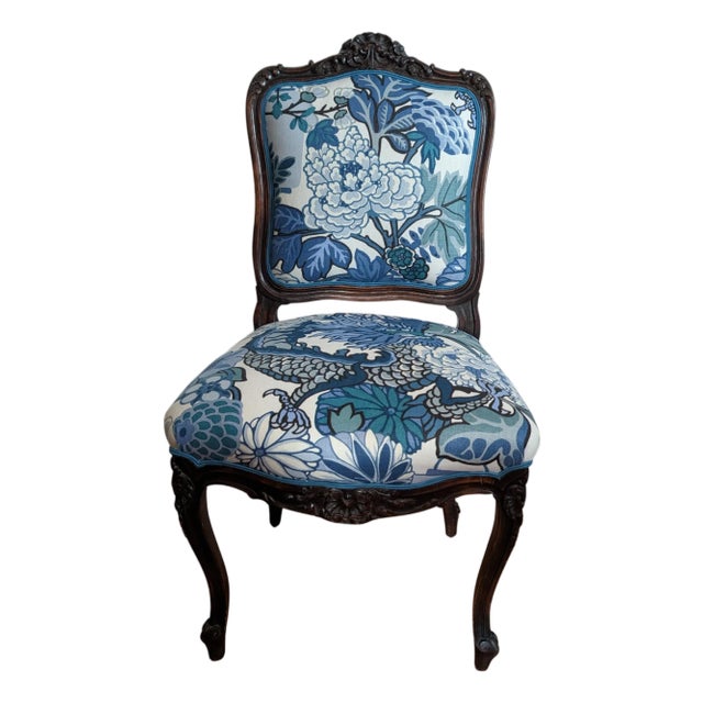 Antique English Side Chair Freshly Upholstered in Schumacher Chiang Mai Dragon in China Blue For Sale