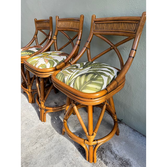 1960s Rare Trio of X-Back Bamboo Swivel Counter Stools (3) - Refurbished and Reupholstered For Sale - Image 10 of 12