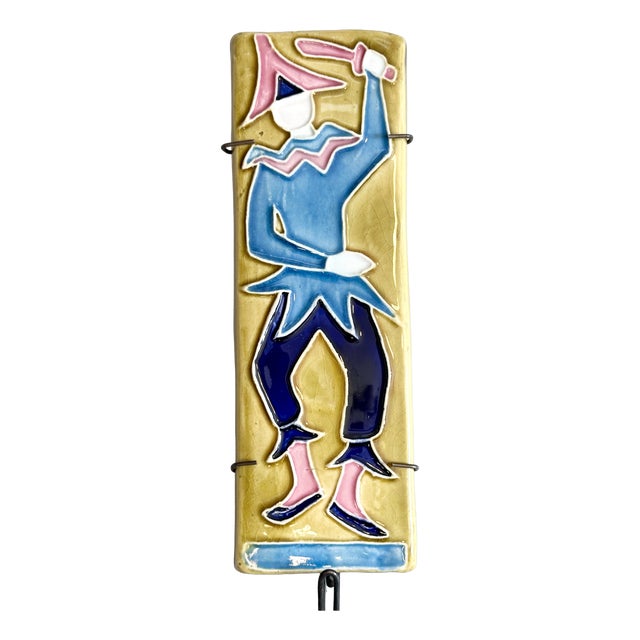 Signed Harlequin Relief Tile in Ceramic with Metal Hook, Italy, 1950s For Sale