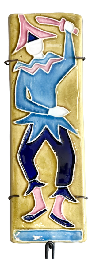 Signed Harlequin Relief Tile in Ceramic with Metal Hook, Italy, 1950s