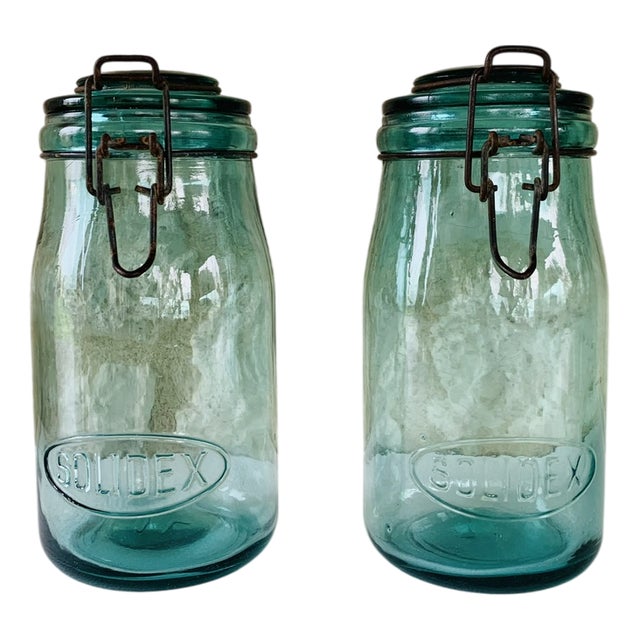 Vintage French Turquoise Glass Jars from Solidex, 1940s, Set of 2 For Sale