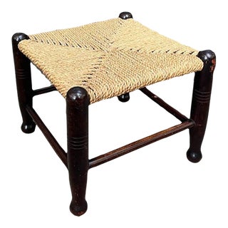 Danish-Style Woven Top Wood Footstool For Sale