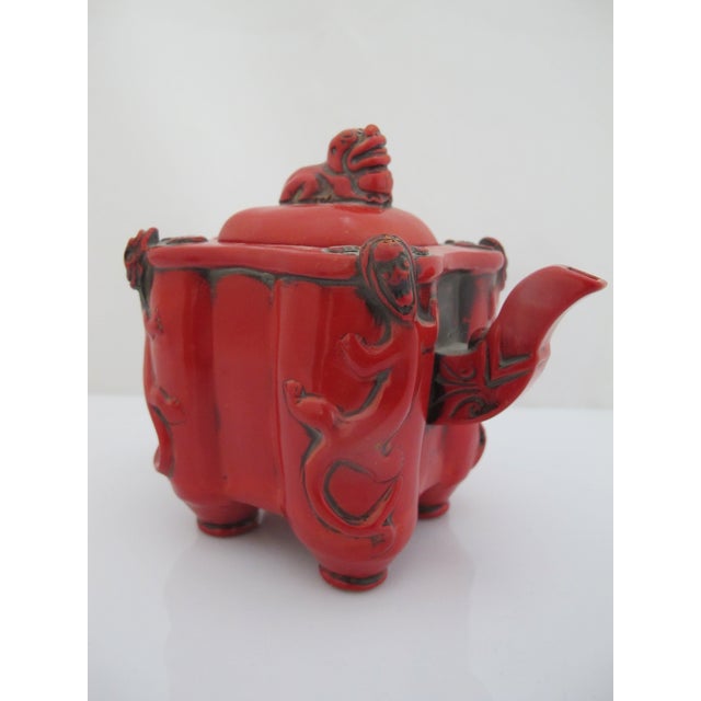 Chinese Chinese Red Lacquer Climbing Foo Dog Finial Lid Decorative Teapot For Sale - Image 3 of 11