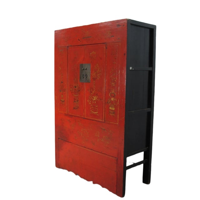 Chinoiserie Red Antique Chinese Wedding Cabinet – 77 Inches Tall For Sale - Image 3 of 13