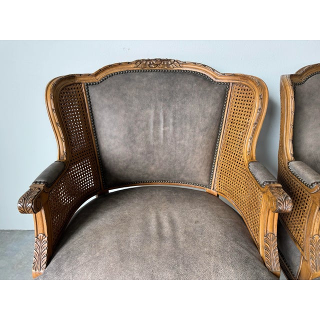 Brown Vintage Century Furniture Louis XVI–Style Double Cane and Leather Club Chairs – A Pair For Sale - Image 8 of 12