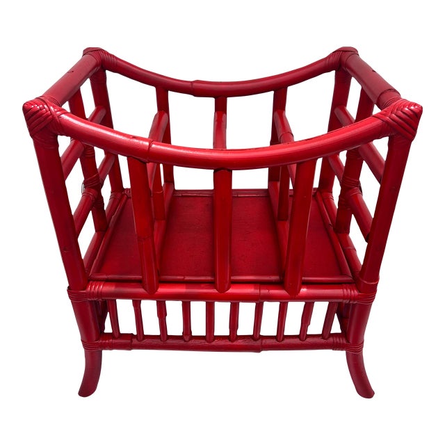 Vintage Hollywood Regency Newly Painted Red Bamboo Magazine Rack For Sale