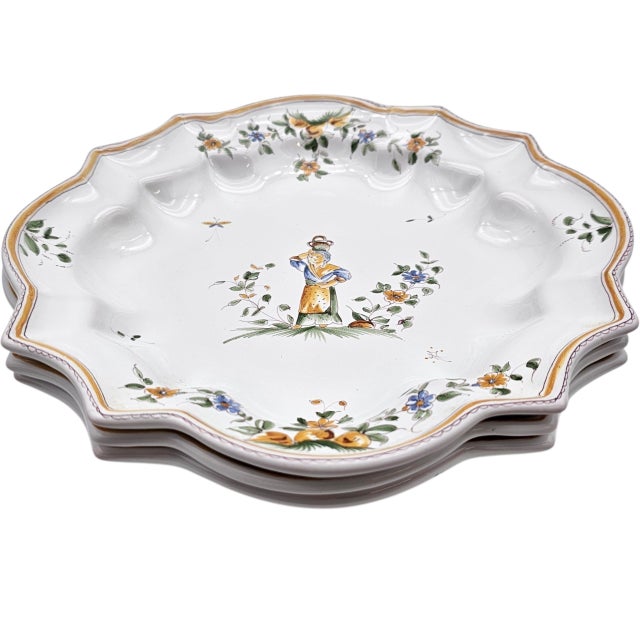 A. Faxil Moustiers Provence Faience Hand-Painted Scalloped Plates, Set of Three For Sale In San Francisco - Image 6 of 15