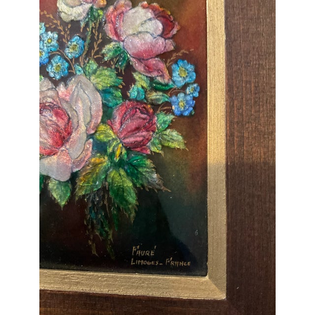 Art Nouveau Limoges Framed Floral Glass Enamel on Copper Plaque by Camille Faure For Sale - Image 3 of 6