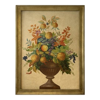 Large Original Fruit and Flowers in Urn Still Life Painting on Panel For Sale