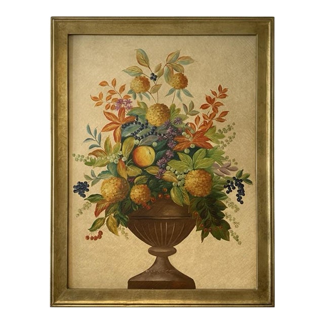 Large Original Fruit and Flowers in Urn Still Life Painting on Panel For Sale