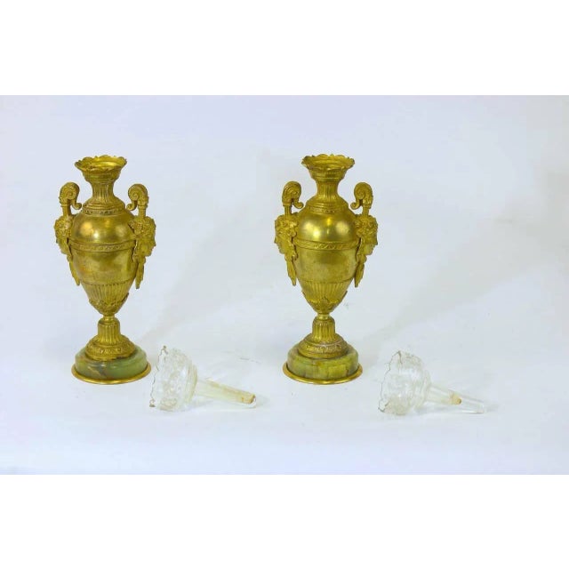 Circa 1850 Rare Very Finely Detailed Pair French bronze Dore vases urns with delicately etched glass inserts and green...