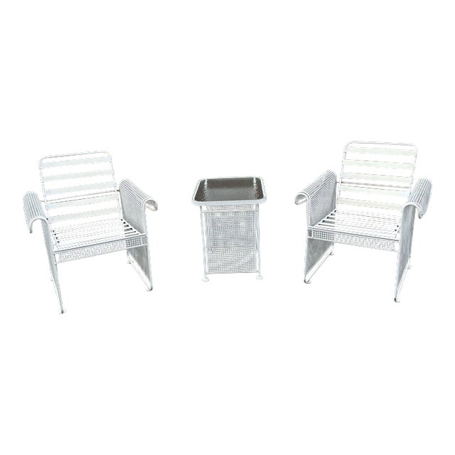 Russell Woodard Mesh Steel Patio Table & 2 Chairs For Sale
