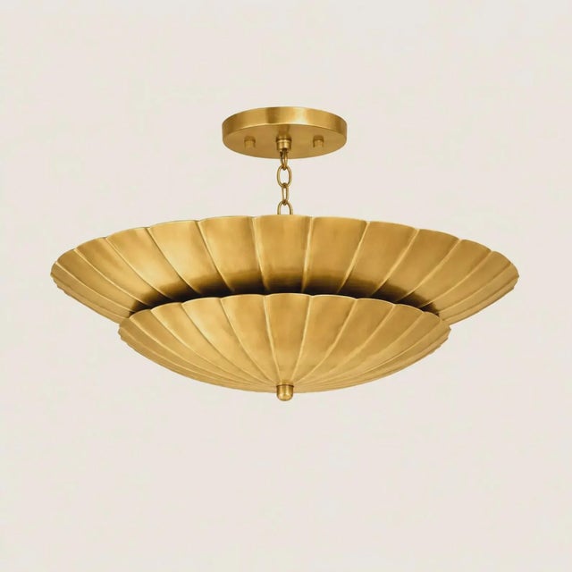 Handcrafted Antique Brass Shell Chandelier | Sculptural Scalloped Pendant Light | Art Deco Luxury Ceiling Fixture | Statement Lighting For Sale - Image 4 of 7
