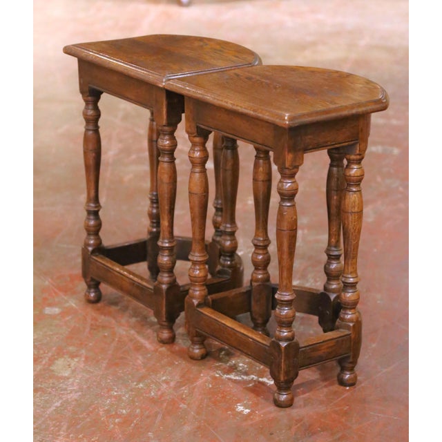 Pair of Early 20th Century French Louis XIII Oak Bow-Front Side Tables For Sale - Image 9 of 11