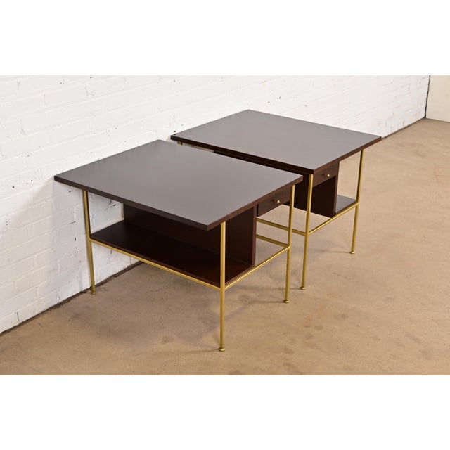 Calvin Furniture Paul McCobb Irwin Collection Mahogany and Brass Nightstands or End Tables, Newly Refinished For Sale - Image 4 of 11