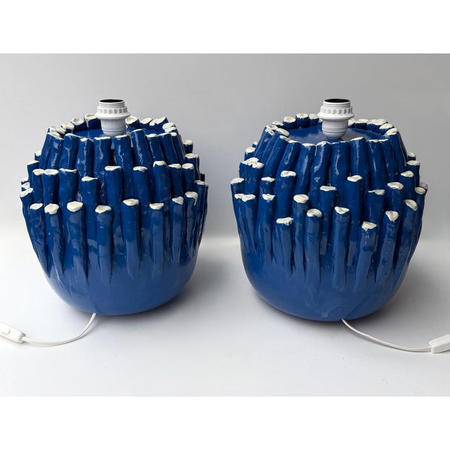 Contemporary Pair of Blue Anemone Ceramic Lamps. Italie For Sale - Image 6 of 13