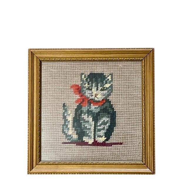 Hollywood Regency Pair Vintage Framed Needlepoint Cat Kitten Portraits With Bows For Sale - Image 3 of 8