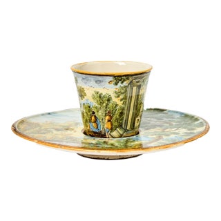 Mid 18th Century Italian Majolica Trembleuse Cup & Saucer, Castelli For Sale