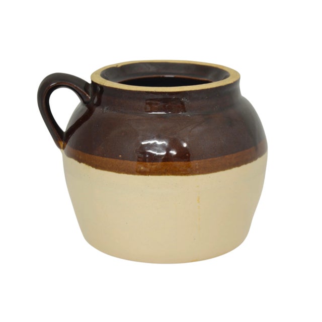 Large vintage Robinson Ransbottom blue crown glazed #2 two tone rustic stoneware crock bean pot with handle in brown and...